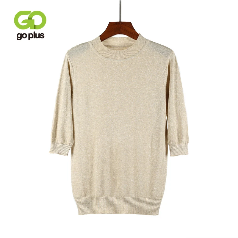 

GOPLUS Shiny Lurex Spring Solid Sweater Women Three Quarter Sleeve Basic Pullovers Ladies 2019 Fashion Casual Befree Tops Femme