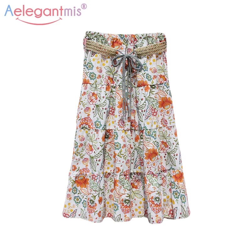

Aelegantmis Women Bohemian Summer Skirt With Belt Ladies Floral Print Linen Long Skirt Female Elastic Waist Boho A-Line Skirts