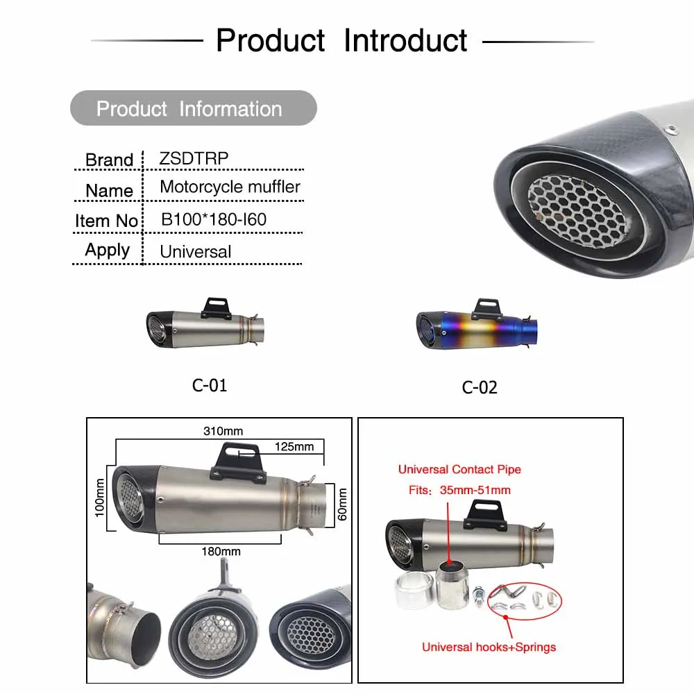 ZSDTRP 60mm motocicleta tubo de Escape modificado escapar Moto SC silenciador de Escape sistema completo para CBR1000 GSR750 ER6N Z750 S1000RR