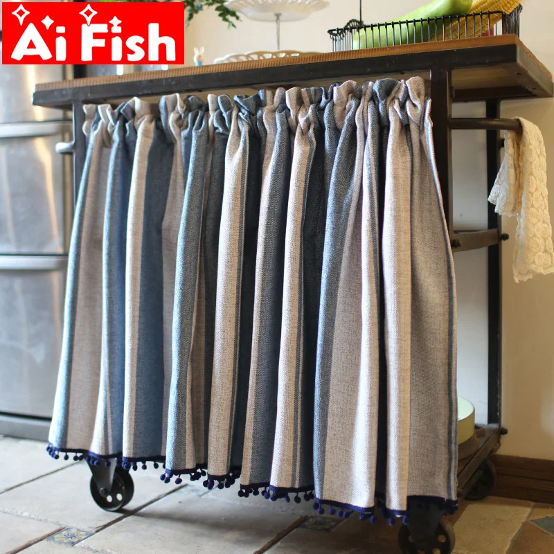

Mediterranean American Country Blue Striped Half Short Curtain For Door Thicker Blackout Kitchen Dust Curtain Decorative QT045#3