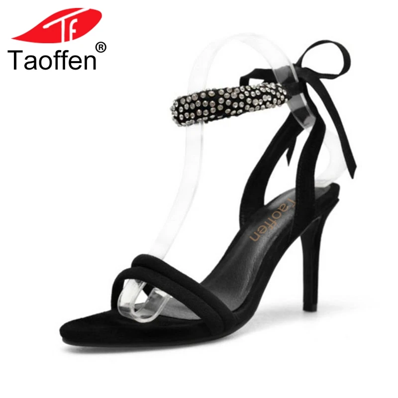 

TAOFFEN Women High Heel Sandals Ankle Lace Up Thin Heel Crystal Ladies Sandals Sexy Genuine Leather Wedding Footwear Size 34-39