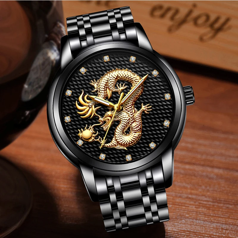 2021 LIGE New Golden Mens Watches Top Brand Luxury Chinese Dragon Watch Business Full Steel Quartz Clock Male Relogio Masculino
