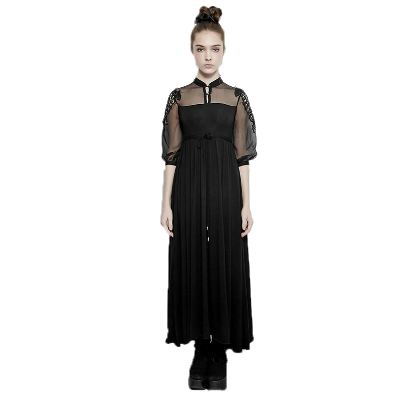 

Gothic Women's Dresses Small Stand Collar Silk Embroidery Dress Black Half Sleeve Royal Fairy Dress