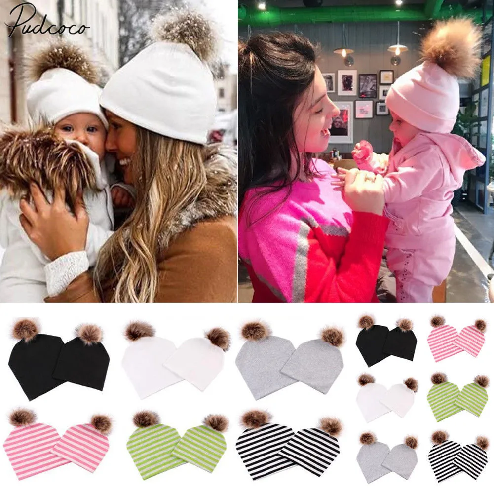 

2018 Brand New Autumn Winter Family Match Mother Baby Furry Ball Hats Cotton Striped Solid Warm Fur Cotton Knitted Beanie