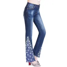 Джинсы женские окрашенные цветы вымытые средняя талия облегающие брюки-клёш расклешенные брюки винтажные женские джинсы