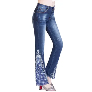 

Jeans Women Painted Flowers Washed Mid Waist Slim Fit Bell Bottoms Flared Pants Vintage Ladies Jeans