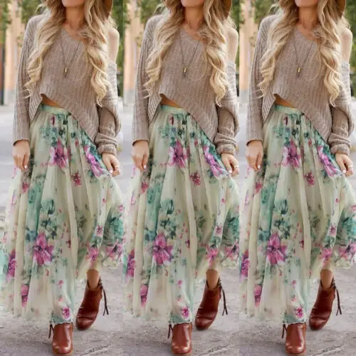 2019 Мода BOHO дамы цветочное Джерси Цыганская Высокая талия длинная Макси Полная пляжная юбка для лета Печать небольшой свежий солнце платье