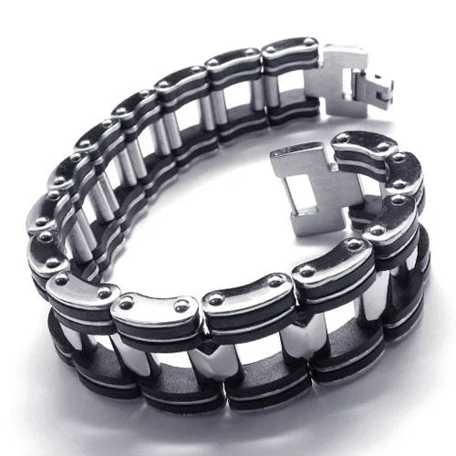 

2016 NEW Fashion Jewelry Titanium Stainless steel Classic Biker Black Men's Ouch Rubber Bracelet FREE SHIPPING