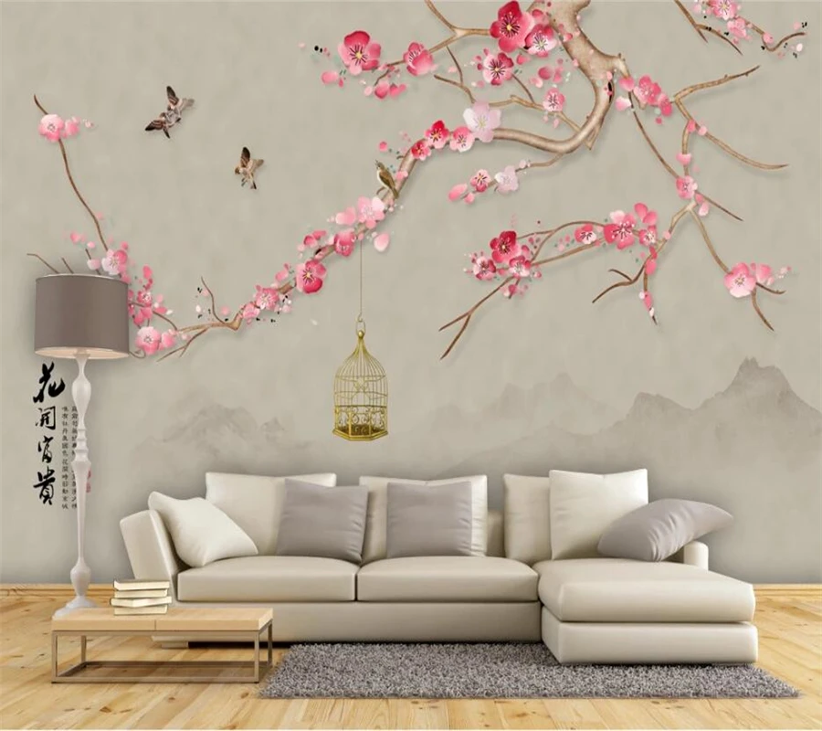 

beibehang Custom wallpaper 3d murals new Chinese hand-painted pen flower bird red plum ink landscape sofa background wall paper