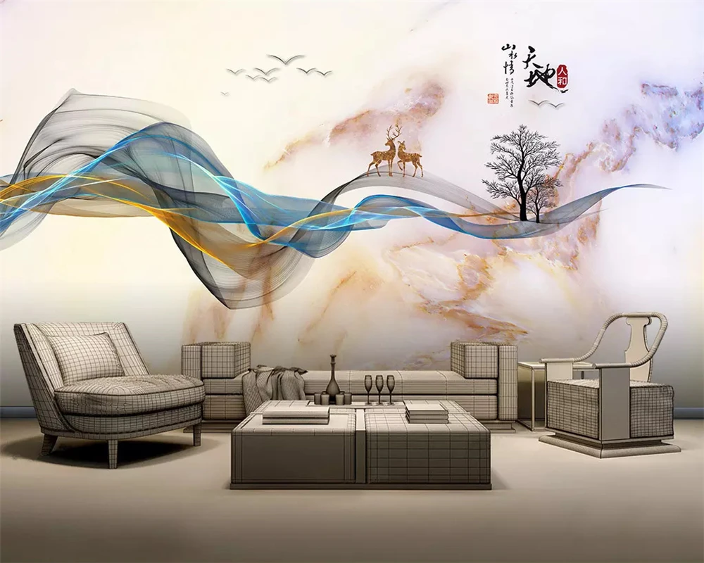 

beibehang New Chinese style hand-painted abstract lines marbled artistic conception landscape elk background wallpaper behang