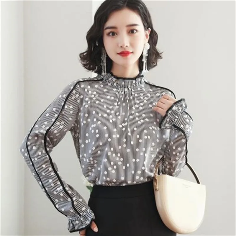 

Female spring Ruffles loose chiffon blouse woman summer plus size Striped shirts lady fall dot fold shirt lady Camisas Chemises