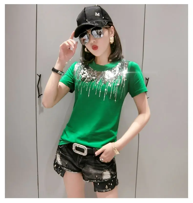 Корейская футболка с круглым вырезом и блестками, украшенная бриллиантами, лето, Офисная Женская хлопковая Повседневная футболка, черная, белая, T95108L - Цвет: Green tshirt