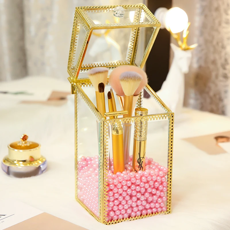 High Quality Gold Glass Makeup Tools Pen Brushes Box With Pearls Square Makeup Tools Storage Case Can Put Makeup Pen Brushes