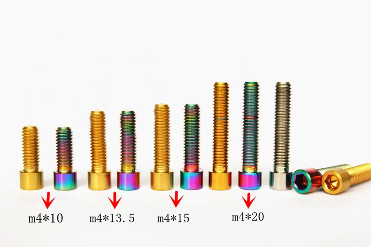 

Each bid for 2pcs M4x0.7 Length 10/13.5/15/20mm Color Golden/Rainbow/Ti GR5 Titanium Bolts Screws For Bike Derailleur