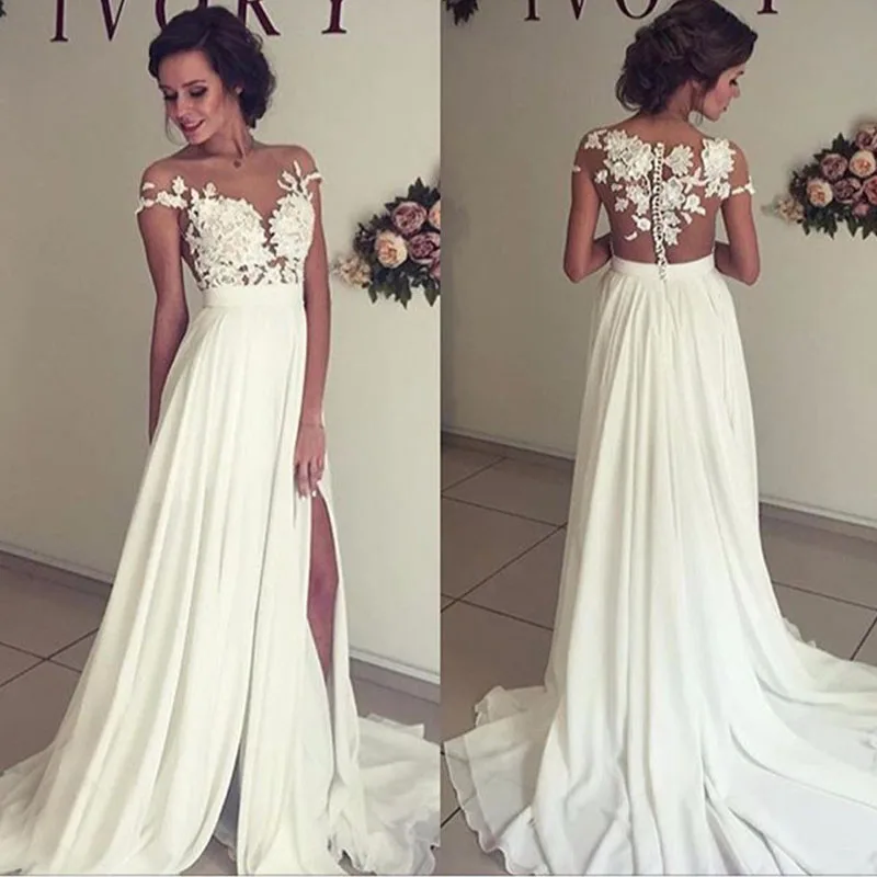 Modern Stylish Chiffon Beach Wedding Dresses Sheer Neck Lace Modern Stylish Chiffon Beach Wedding Dresses Sheer Neck Lace Liques See Through Backless Country Western Bridal Dress In From