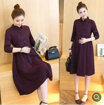 High Waist Plaid Maternity Clothes 2019 Spring Autumn Turn-down Collar Literary Long Pregnancy Dress for Pregnant Women QL6925