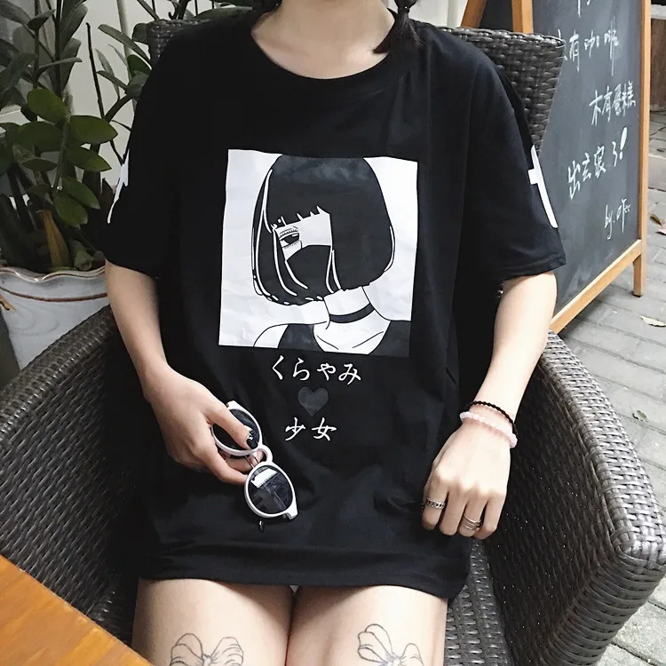 Харадзюку Японские Женские футболки с героями мультфильмов, топы в уличном стиле, уникальная графическая футболка с короткими рукавами, белые футболки, кавайные милые хлопковые футболки