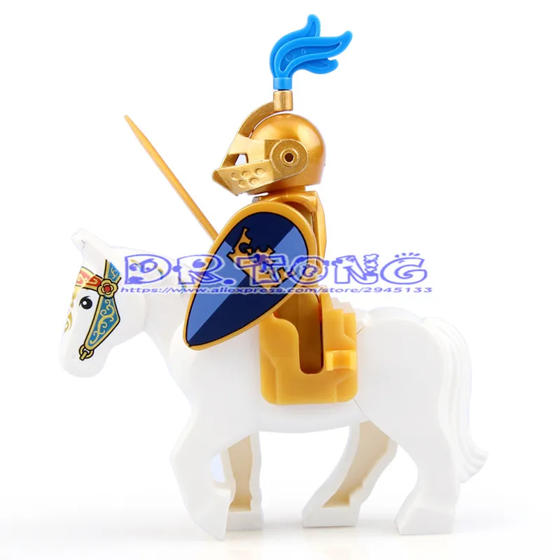 DR TONG Medieval Castle Blue Lion Knight Golden Knight Heavy Infantry with White Black Horse Bricks