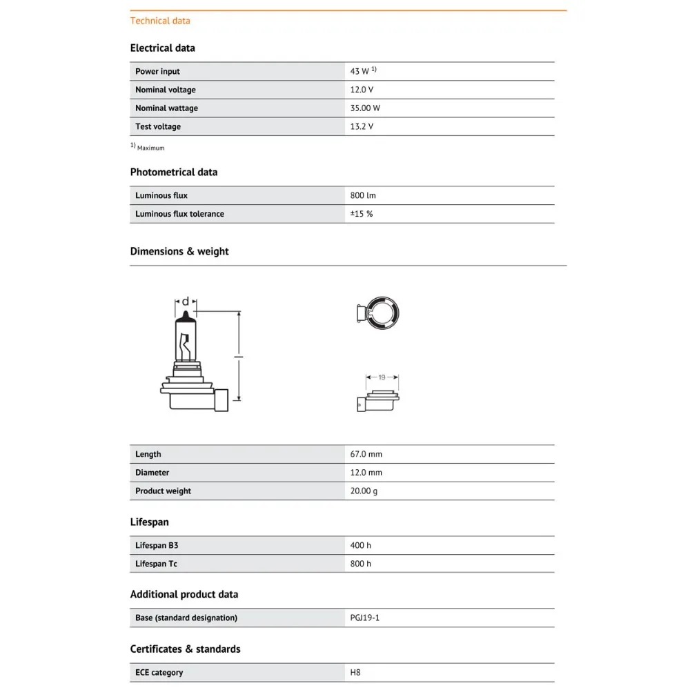 OSRAM H8 12V 35W 64212 3200K Стандартная автомобильная противотуманная фара, сменный автомобильный светильник, OEM Качество, Германия(одинарная