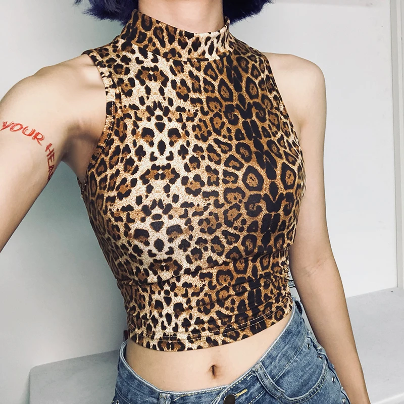 SUCHCUTE, леопардовая расцветка, Сексуальная футболка без рукавов, женская футболка, Харадзюку, укороченный топ, вязаная леопардовая Повседневная футболка, женская футболка