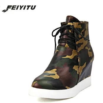 

feiyitu Big Size 34-43 Wedges Heels Height Increasing Women Boots Camouflage Prints Platform Ankle Boots New Women Shoes