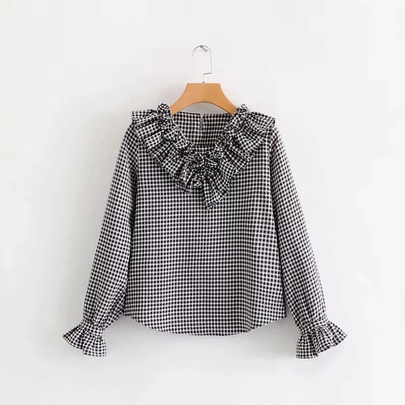 

2019 new fashion women stacked ruffle o neck smock grid shirt casual long sleeve blouses loose tops chemise blusas S3900