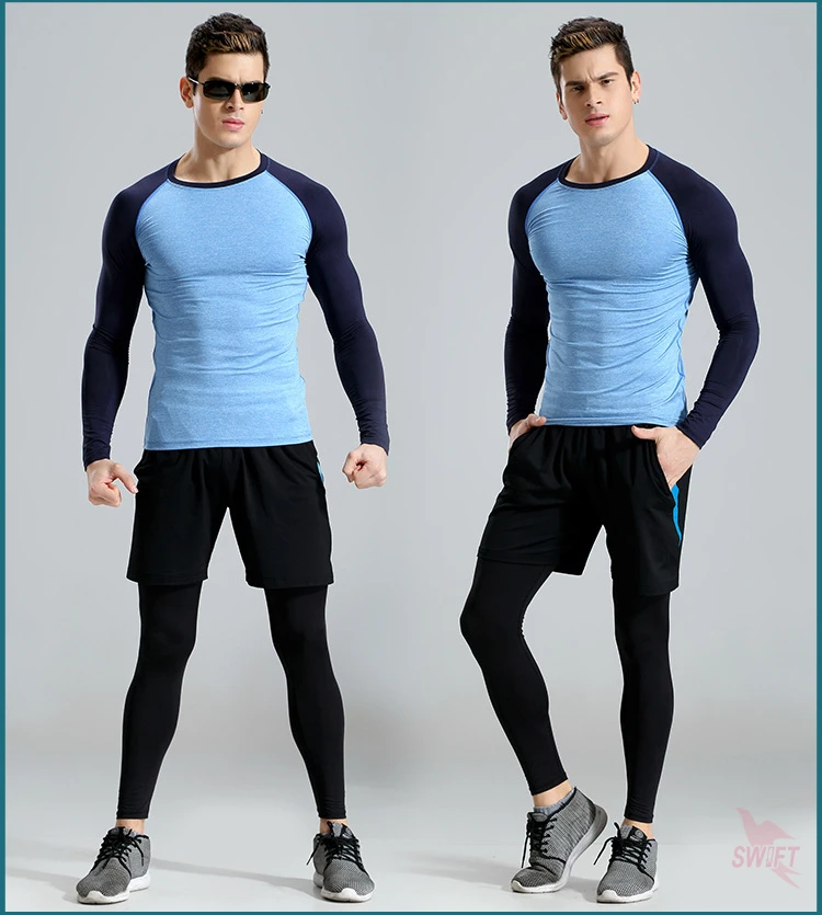 Комплект из 3 предметов спортивный костюм для фитнеса мужские костюмы комплект для бега с длинным рукавом спортивная одежда для тренажерного зала быстросохнущая легинсы для тренировок Бодибилдинг Костюмы
