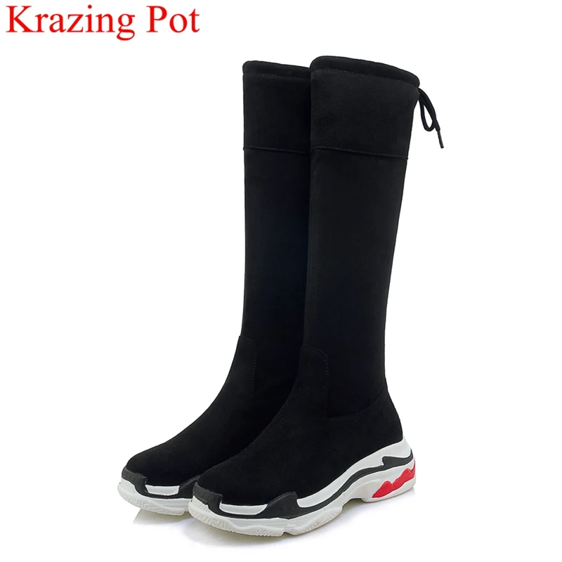 

2018 new flock round toe wedge high heels slip on over-the-knee boots big size winter shoes keep warm women thigh high boots L18