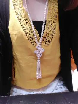 

Hand knotted natural 8-9mm white nearl round fresh water pearl temperament micro inlay zircon necklace fashion jewelry