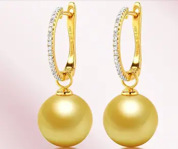 

free shipping new pair of 10-11mm south sea round gold pearl earring 18k diamond stone