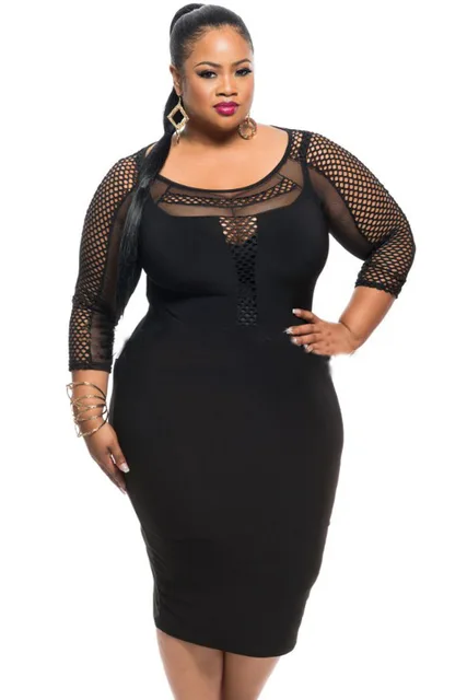 black white plus size fishnet detail three quarter sleeve bodycon plus size nightclub dresses