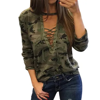 

Phertiful Sexy T-shirt Camouflage V-neck Lace Up Halter Shirt Ladies Loose Bandage Camouflage T-shirts For Women Tee Plus size