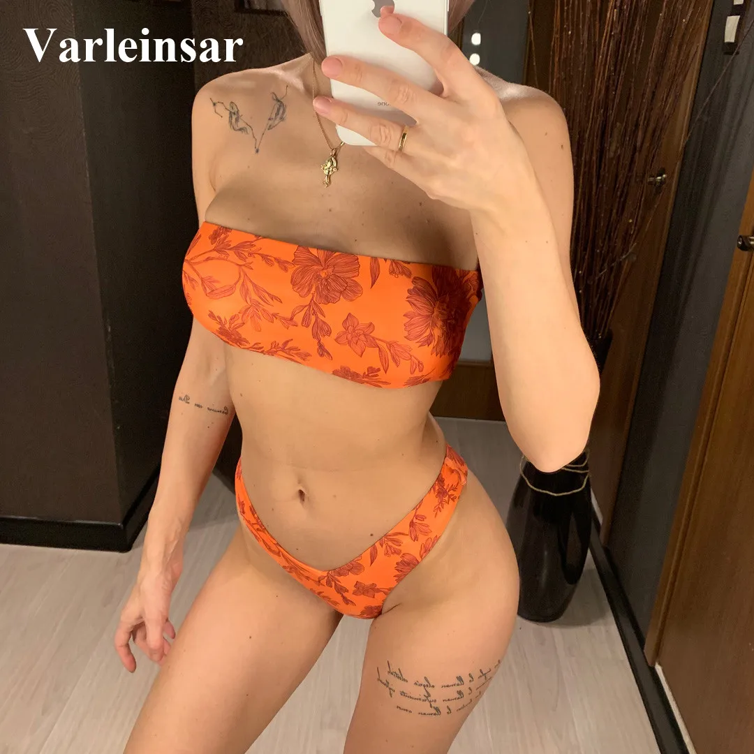 

2019 New Printed Bandeau Bikini Women Swimwear Female Swimsuit Two-pieces Bikini set High Leg Cut Bather Bathing Suit V1223