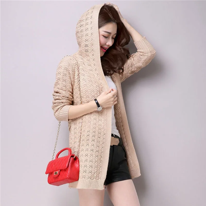 

Long Knitted Summer Cardigan Women With Hood Knitted Ladies Hollow Out Fall Knitting Sweater Open Stitch Casual Long Sleeve