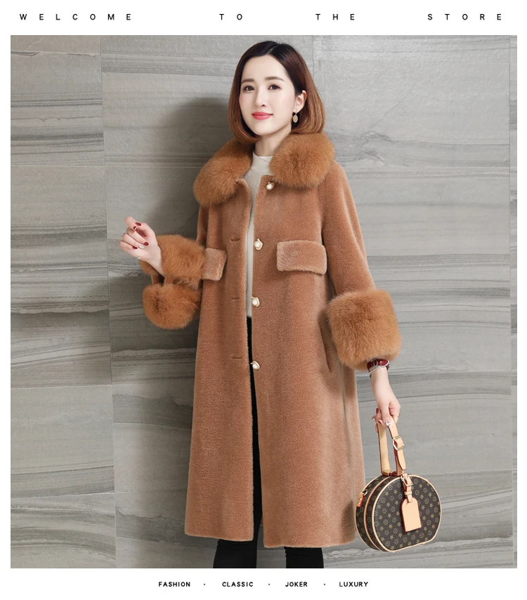 women natural sheep fur coat with real fox fur collar (1)