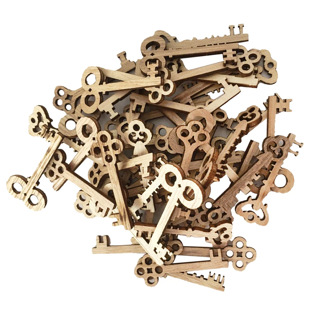 50pcs Key Shaped Unfinished Wood Pieces Crafts Wooden Hanging Embellishments