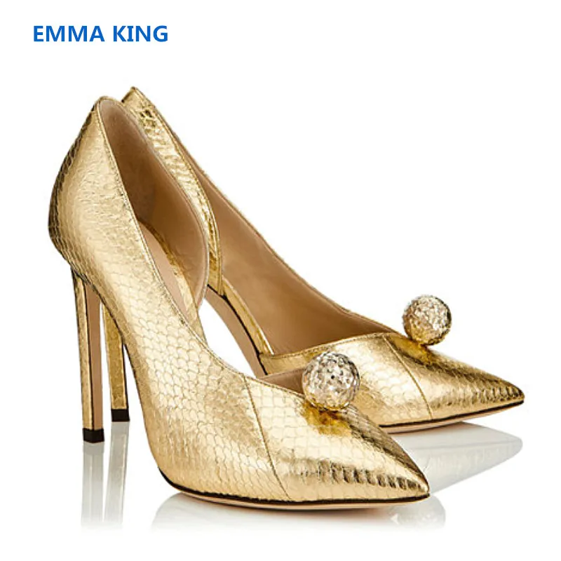 

Gold Leather Spring New Diamond Pointed Toe Pumps Women Shallow Stilettos Sexy Ladies Shoes Slip-On Stylish Woman High Heel Pump