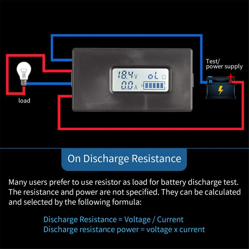 Тестер батареи детектор цифровой измеритель напряжения постоянного тока сопротивление разряда остаточный счетчик электроэнергии с подсветкой