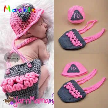 

2016 Crochet Baby Girl Pink Firefighter Hat&Suspenders Set Newborn Girls Crochet Fireman Photography Props 1set MZS-16003