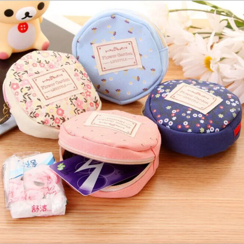 Korean Cute coin purse women vintage Round zipper Floral Cotton & Linen