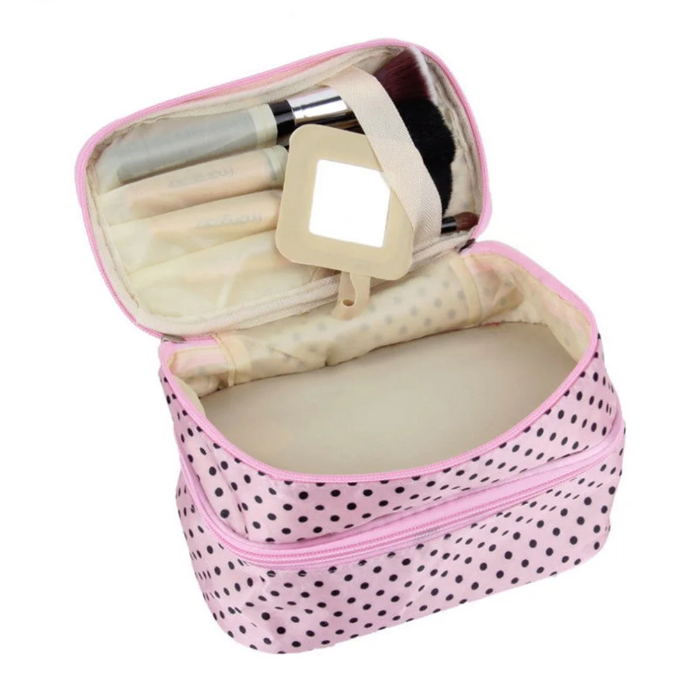 السفر البولكا نقطة مزدوجة طبقات كبيرة امرأة التجميل حقيبة أدوات الزينة منظم تخزين حقيبة مستحضرات تجميل حالة