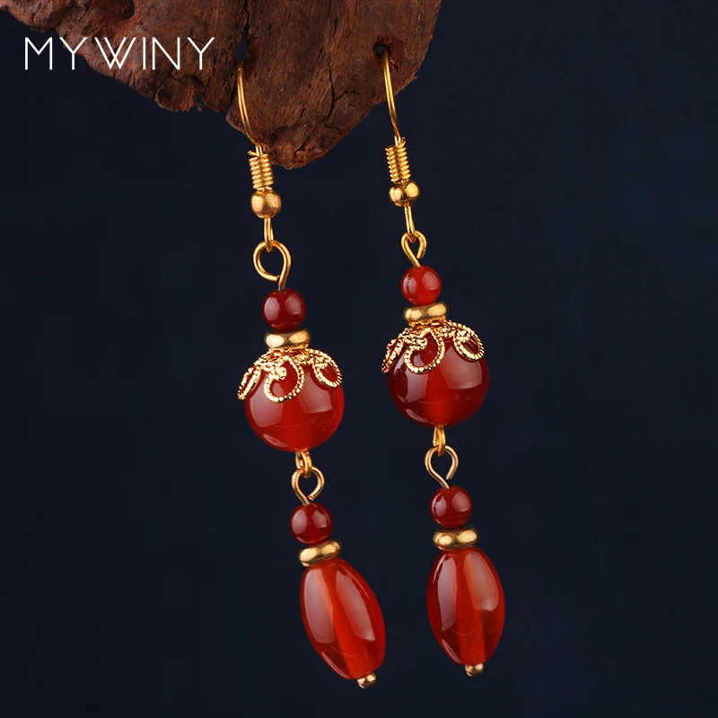 MYWINY винтажные этнические длинные висячие серьги Красные Каменные Бусы для