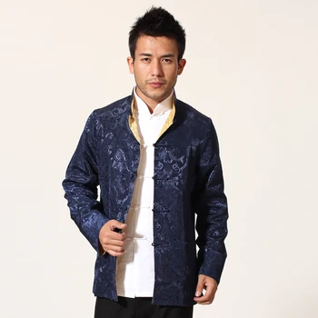 

Navy Blue Gold Chinese Men Satin Jacket Two Sided Kung Fu Coat Mandarin Collar Tang Suit Top Overcoat M L XL XXL XXXL MN13