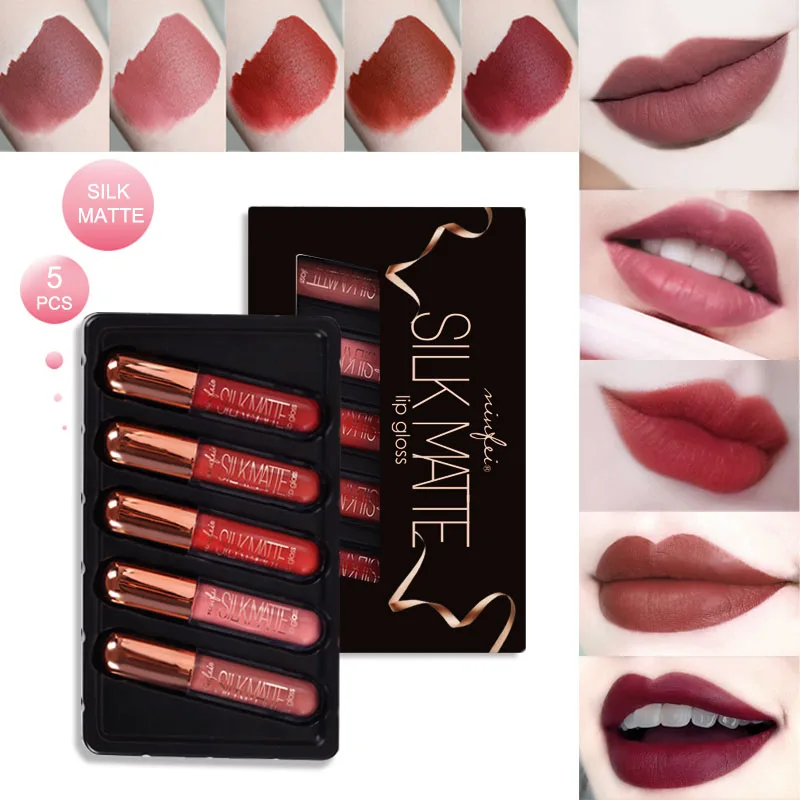 

5 Pcs/set Matte Nude Make Up Kit Make Up Liquid Lipstick Lasting Waterproof Lip Gloss Tint Red Velvet Beauty Makeup Glaze TSLM2