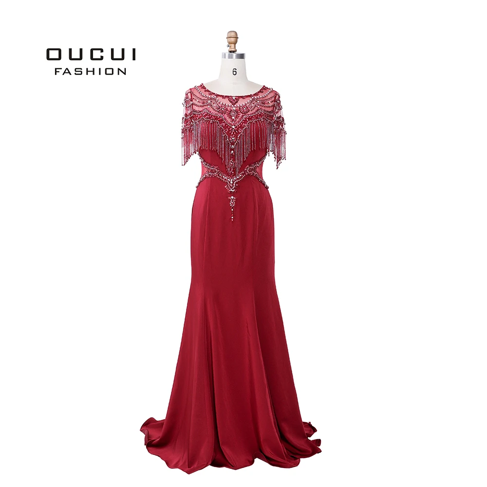 

Real Photo Soft Satin Illusion Evening Dress with Cap Beading Tassels Crystal Mermaid Gown Arabic Robe De Soiree 2019 OL103488