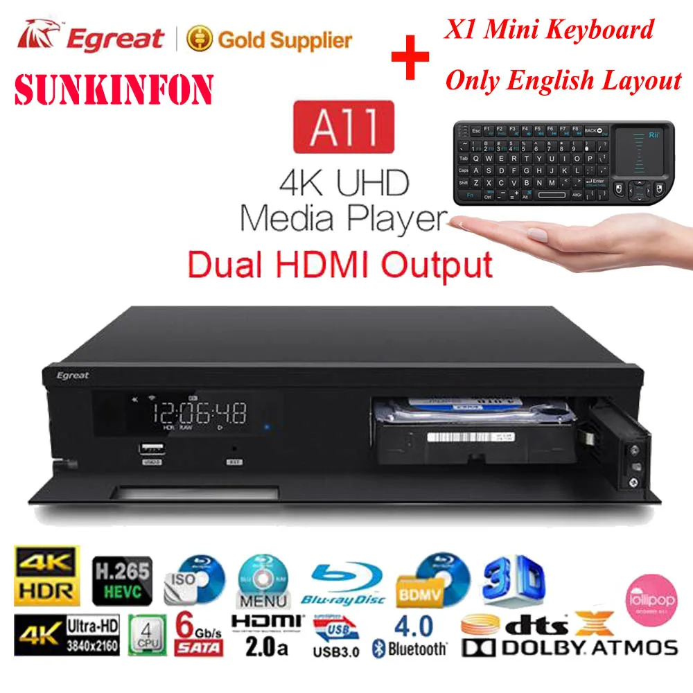 Egreat A11 3D 4K Blu-Ray HDD медиаплеер 2 Гб 16 Гб двойной HDMI выход Bluetooth Android tv Box Dolby Atmos/DTS: X, для домашнего кинотеатра