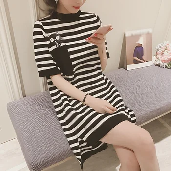 

Women Loose Irregular Striped Print Mini Dress Cartoon O-Neck Pocket Short Sleeve Casual Dress