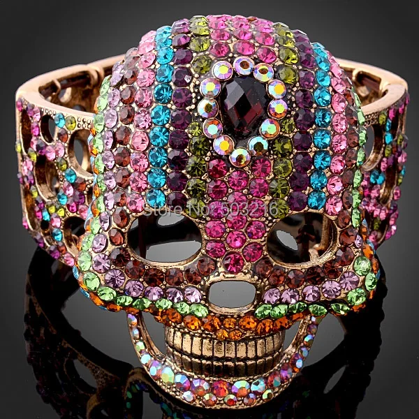 

CHRAN Muti Crystal Vintage Jewelry Bangle & Bracelets Promotion Gold Color Fashion Hollow Designer Big Skull Bangle for Women