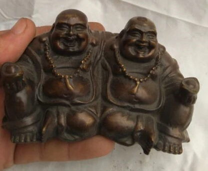 

15CM China Bronze Wealth Money Bag Happy laugh Maitreya buddha Pull Fish Statue