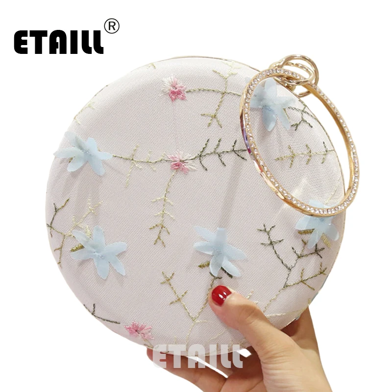 

ETAILL Embroidered Design Round Shape Evening Bags Large Diamond Circular Ring Female Wedding Box Clutches Chain Shoulder Bag